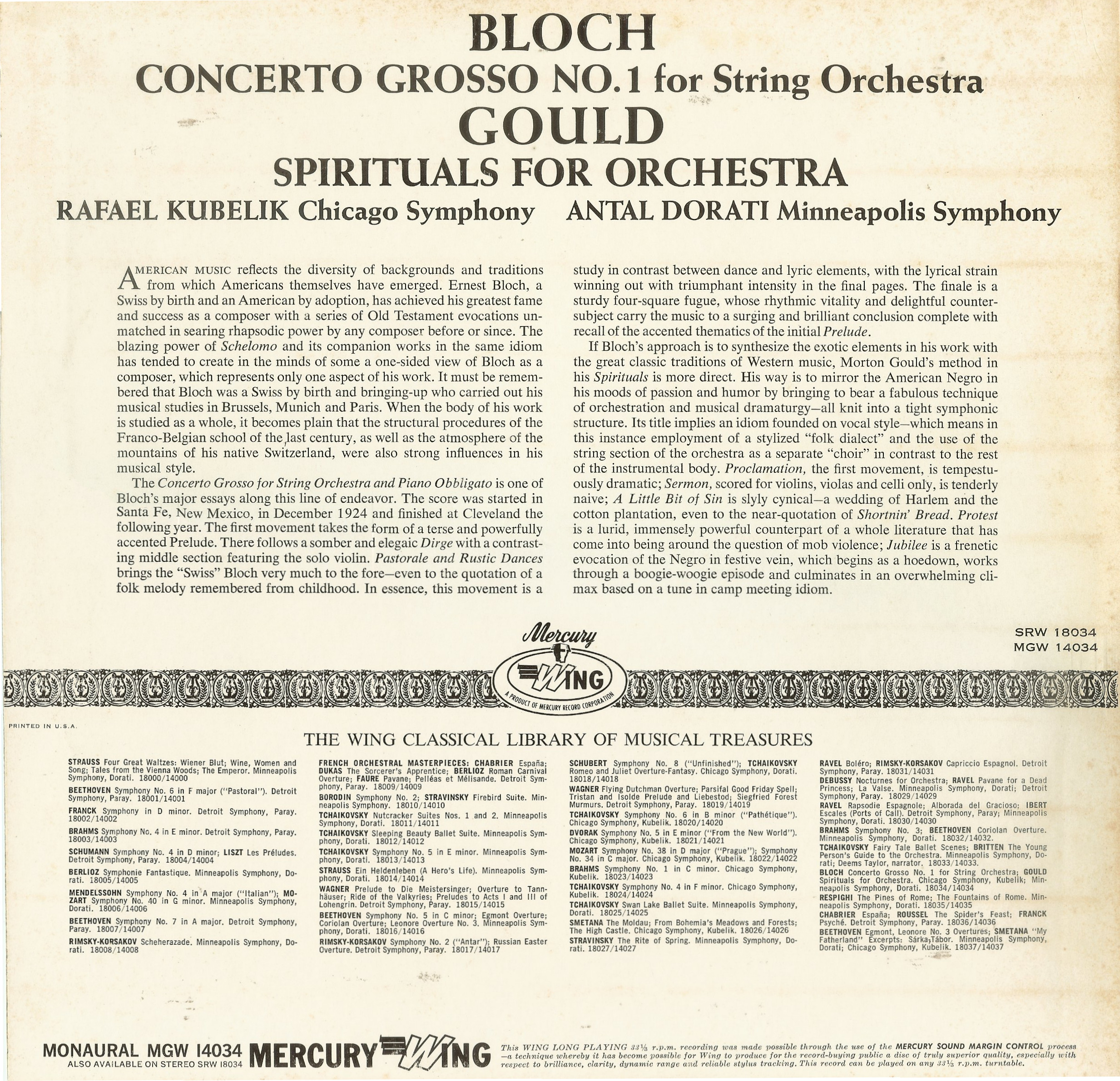 Bloch Concerto Grosso No. 1 (Kubelik, 1951) : Mercury Records 